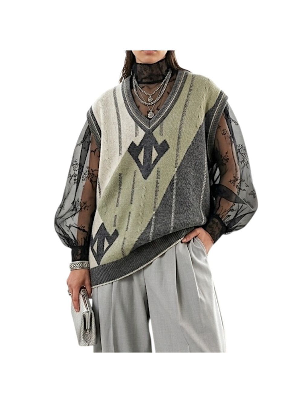 Vintage 80s oversized boxy wooly abstract argyle v neck pull over grandpa vest - Picture 1 of 12
